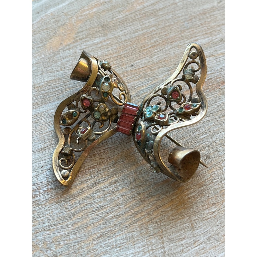 Pegel Gold Tone Filigree Bow Brooch Multi Stone Rhinestone Pin